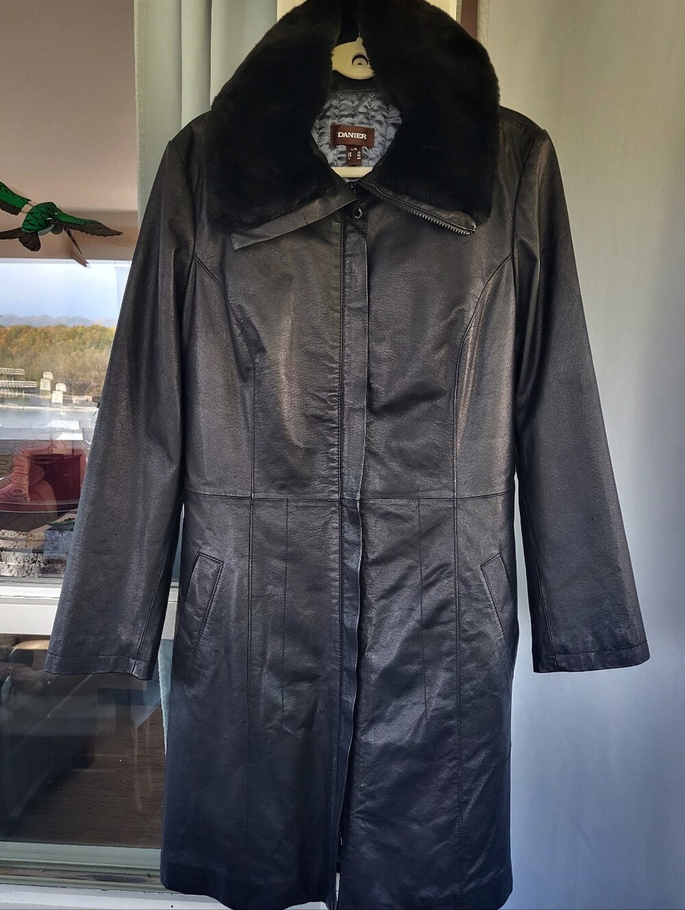 Danier Black Leather Long Coat with Black Fur Collar